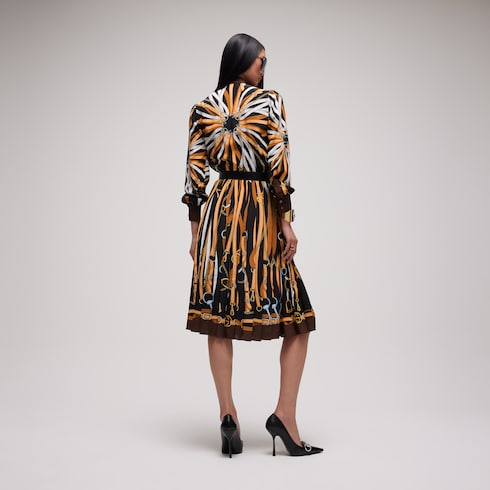 Printed silk chemisier dress - black and brown
