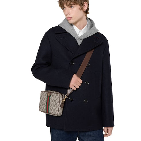 Ophidia small crossbody bag - beige and dark brown fabric