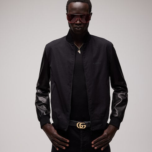 Fabric bomber jacket with nappa sleeves - black