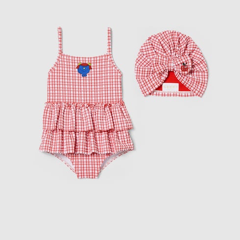 Baby gingham swimsuit set - white and red