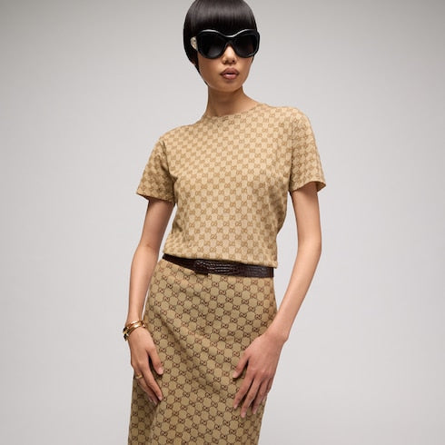 Printed cotton T-shirt - sand and brown
