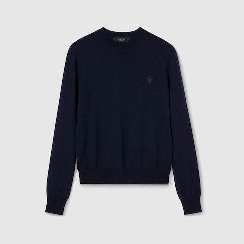 Knit wool sweater with embroidery - dark blue