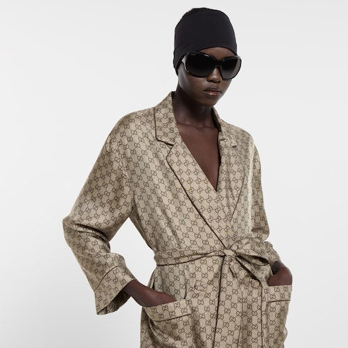 Printed silk twill shirt - beige and dark brown