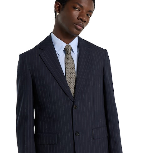 Single-breast pinstripe wool jacket - dark blue and grey