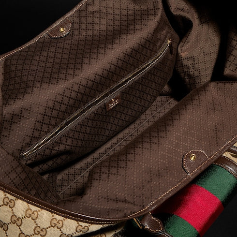 Medium GG duffle bag with Web - sand and brown GG canvas