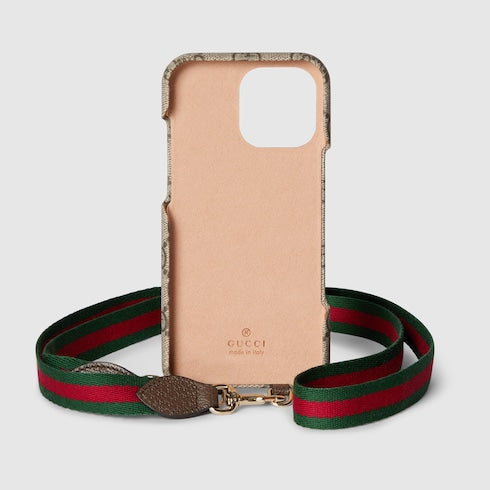 Ophidia lanyard iPhone 16 Pro Max holder - beige and brown GG Supreme
