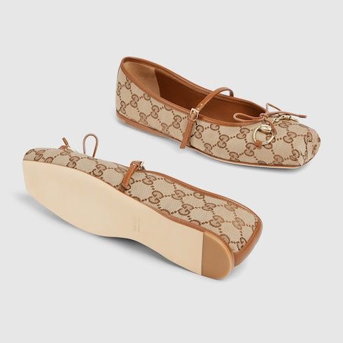 Women's Gucci Horsebit ballet flat - beige and dark brown Original GG canvas