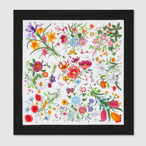 Printed Flora silk twill carré - multicolor and black