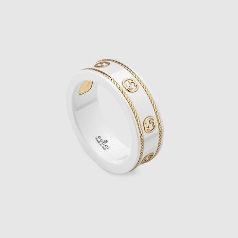 18K Yellow Gold And White Icon Ring With Interlocking G - 18K Yellow Gold And White