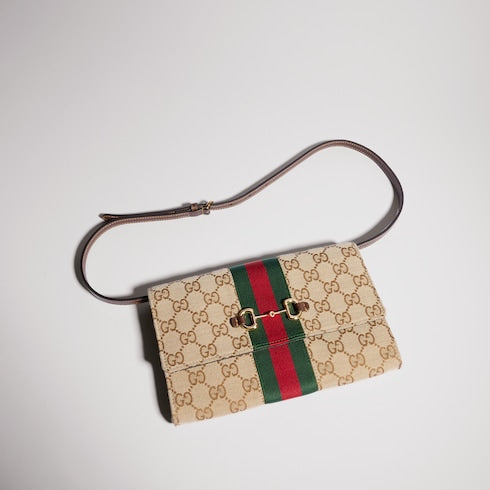 Gucci Horsebit Web wallet with strap - sand and brown GG canvas