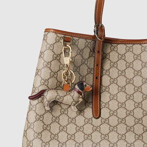 Dog-shaped bag charm - beige and dark brown canvas