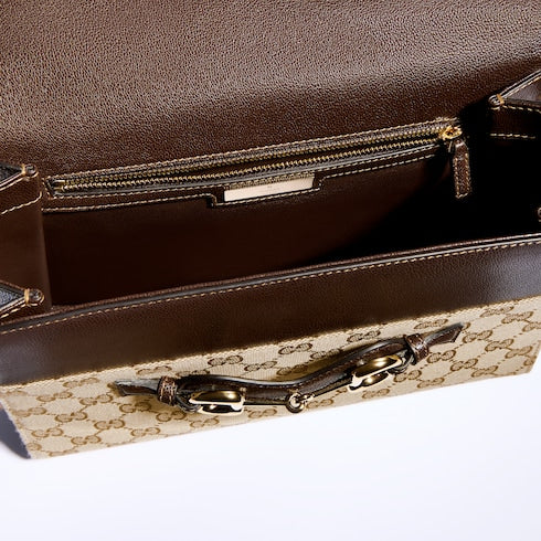 Horsebit Duomo medium top handle bag - sand and brown GG canvas