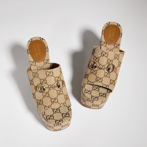 Women's wedge sandal with Horsebit - beige and dark brown GG canvas