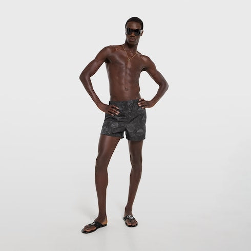 Printed nylon swim shorts - black and dark grey