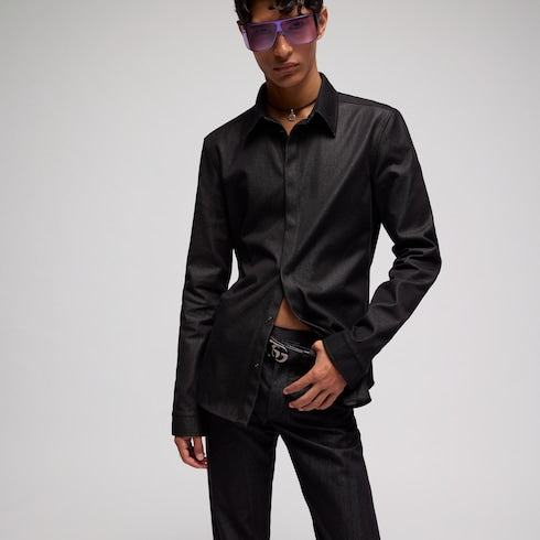 Cotton silk shirt with embroidery - black