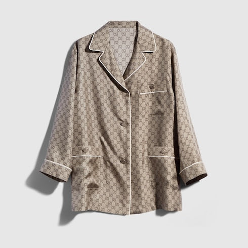 Printed silk twill shirt - beige and dark brown