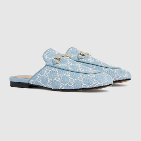 Women's Princetown slipper with pearls - light blue GG denim