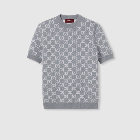 Reversible GG fine wool jacquard top - light pink and grey