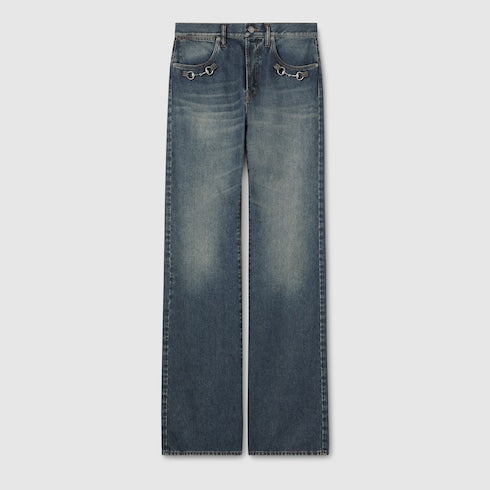 Cotton denim pants with Horsebit detail - blue