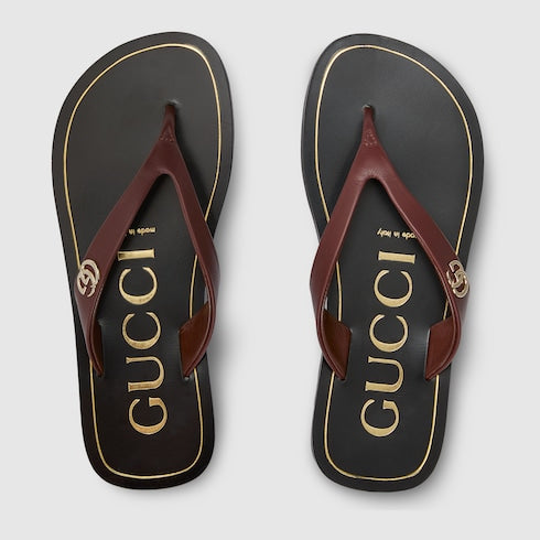 Women's thong sandal with Double G - brown and yellow leather