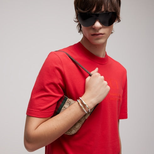 Leather double bracelet with Gucci script - white leather