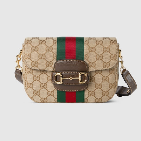 Gucci Horsebit 1955 small shoulder bag - sand and brown GG canvas