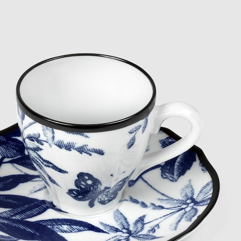 Herbarium coffee cup and saucer, set of two - blue and white porcelain