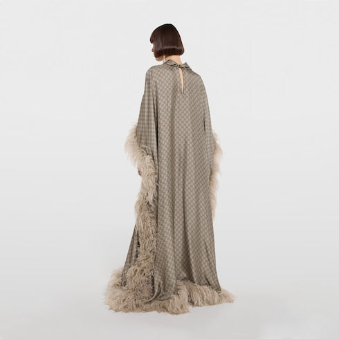 Printed silk twill long dress - beige and dark brown