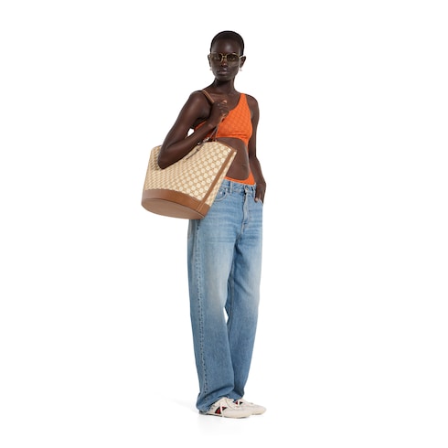 Woven large tote bag - natural and brown fabric