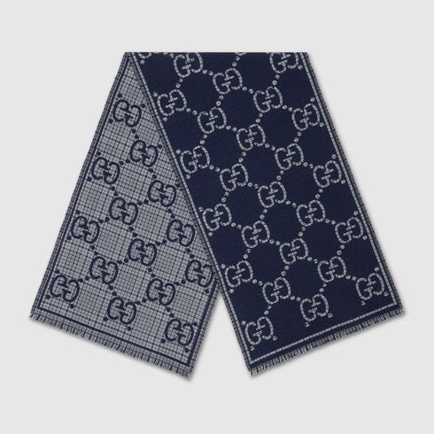 Check GG wool scarf - grey and blue