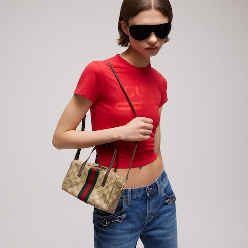 Mini boston bag with Web - sand and brown GG canvas