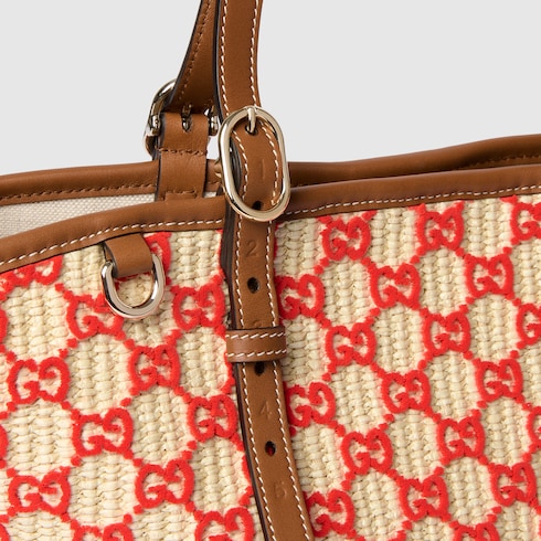 Woven small tote bag - natural and red fabric