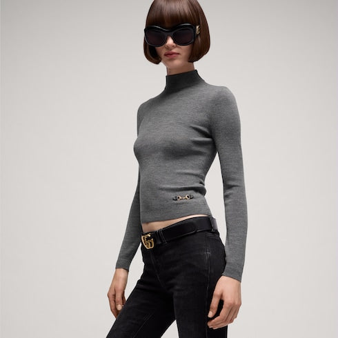 Fine rib knit wool top with Horsebit - dark brown
