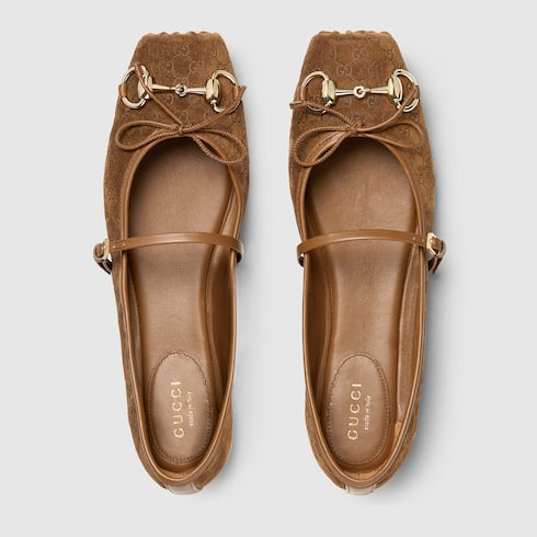 Women's Gucci Horsebit ballet flat - light brown mini GG suede
