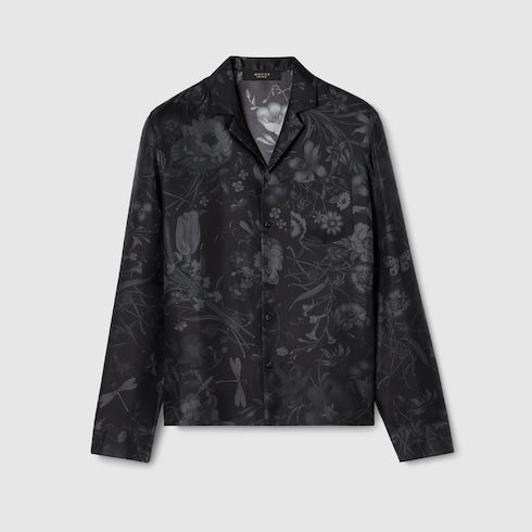 Printed silk twill bowling shirt - black and grey