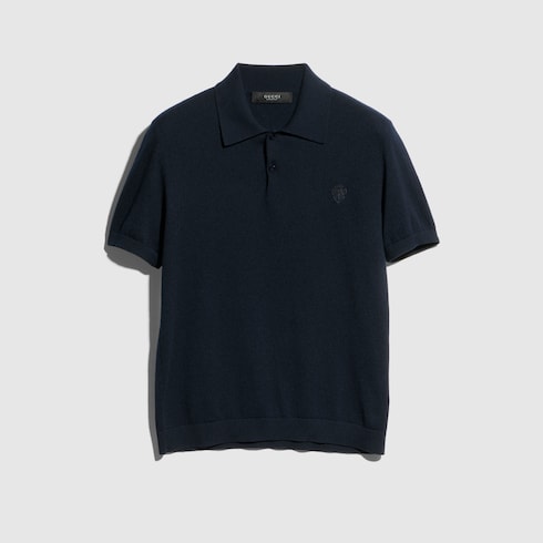 Knit cashmere polo shirt with embroidery - blue navy