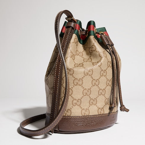 Mini bucket bag with Web - sand and brown GG canvas