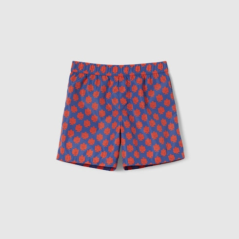 Children's printed nylon swim shorts - dark blue and red