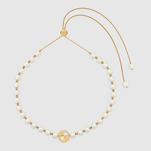 Gucci Interlocking pearl necklace - light gold-toned brass