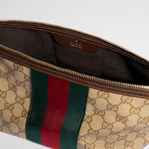 Small GG toiletry case with Web - sand and brown GG canvas