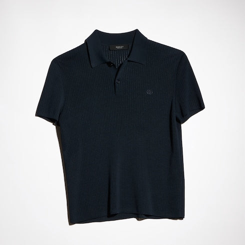 Technical knit fabric polo shirt with embroidery - dark blue