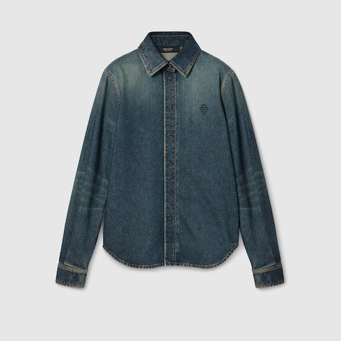 Cotton denim shirt with embroidery - blue