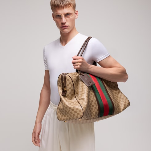 Medium GG duffle bag with Web - sand and brown GG canvas