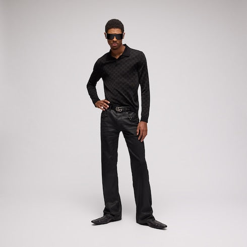 Flared coated cotton twill denim pants - black