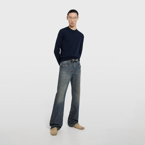 Knit wool sweater with embroidery - dark blue