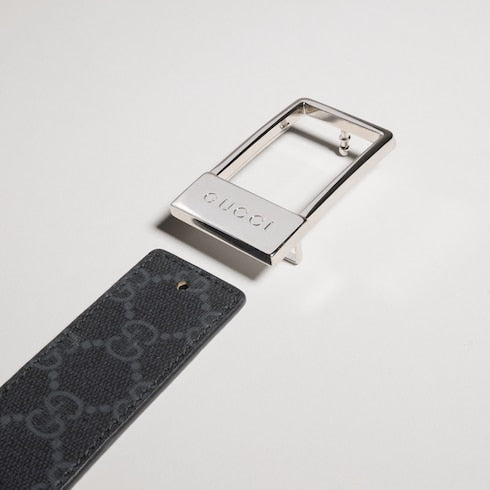 Reversible belt with rectangular buckle - black GG Supreme and leather