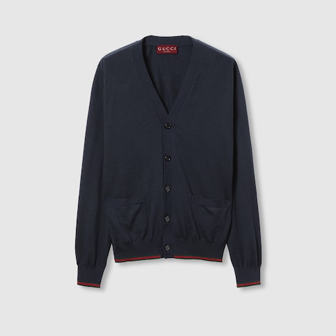 Wool knit cardigan with Web - dark blue