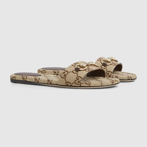Women's slide sandal with Horsebit - beige and dark brown GG canvas