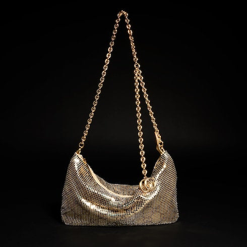 Metallic evening bag with charm - gold and brown GG mesh