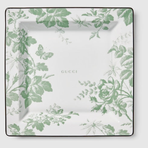 Herbarium print large trinket tray - white and green porcelain